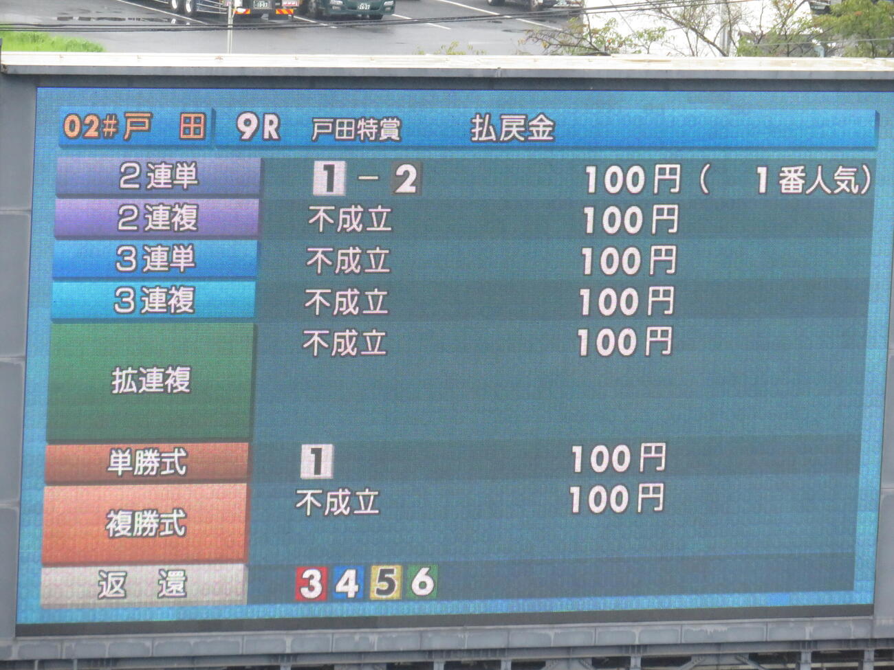 2日目9R、4艇フライングで、3連単、3連複、2連複、拡連複、複勝は不成立