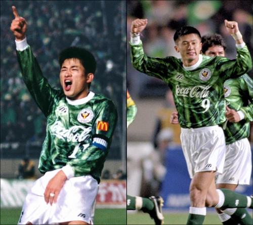 95年にそろって20ゴール以上を挙げたＶ川崎の三浦知良（左）と武田修宏
