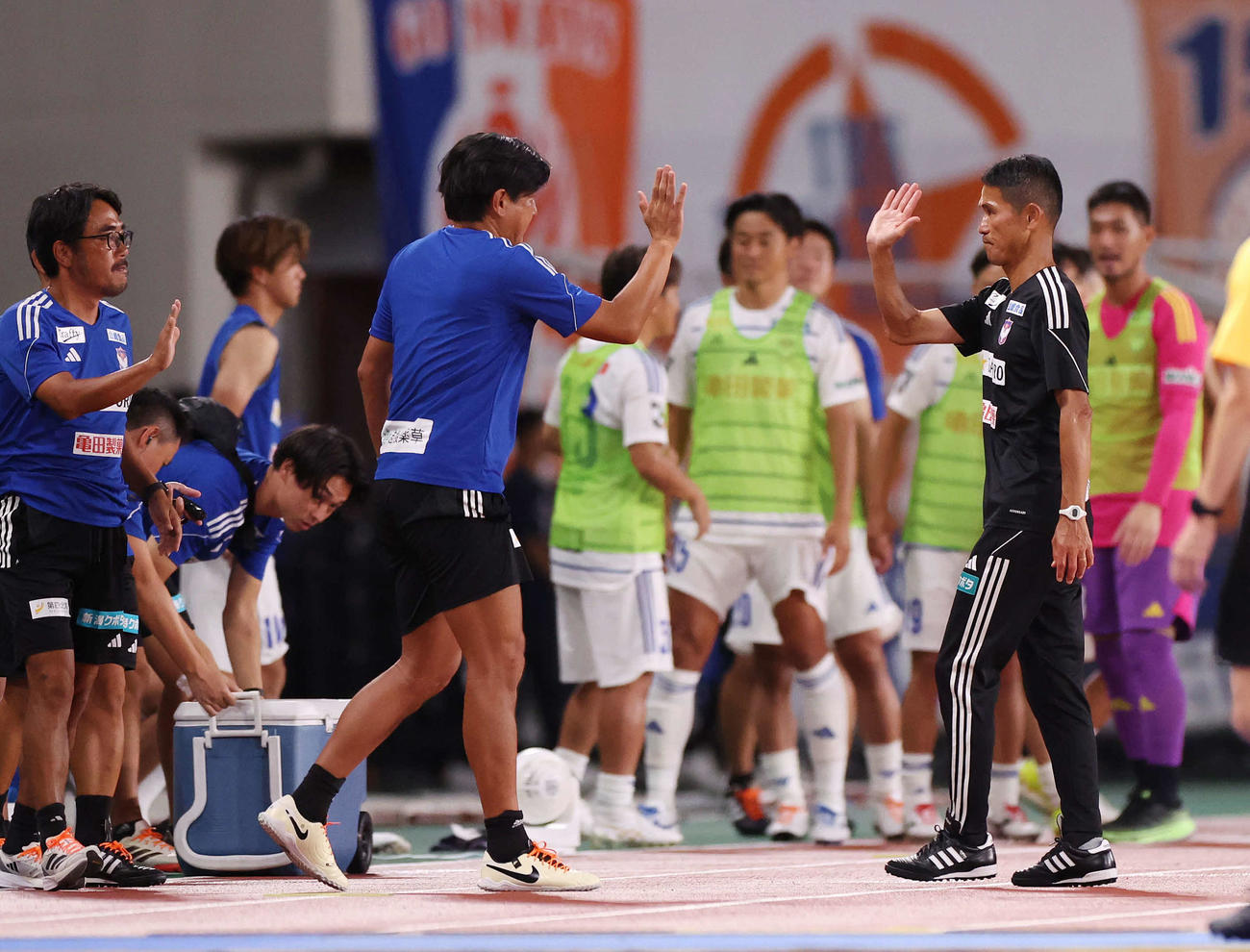 町田対新潟　準決勝進出しタッチを交わす新潟松橋監督（右）（撮影・宮地輝）