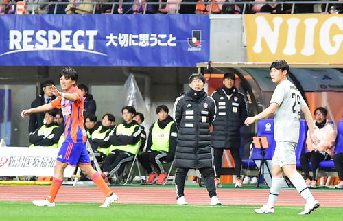 前半、ベンチ前から選手を見つめる新潟樹森監督（中央）（撮影・小林忠）