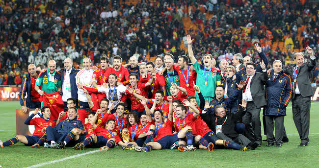 W杯南アフリカ大会で初優勝を遂げたスペイン代表（2010年7月11日）