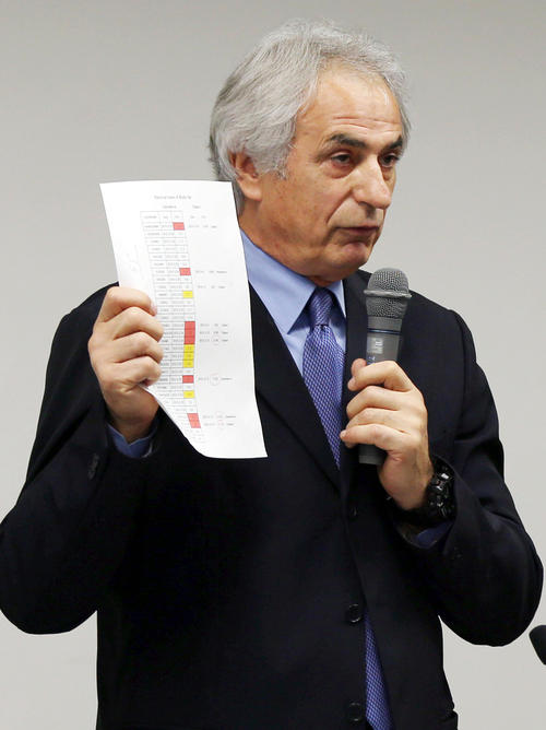 １５年４月、Ｊ１・Ｊ２合同実行委員会で日本代表の選手の体脂肪表を持ちながら話すハリルホジッチ監督