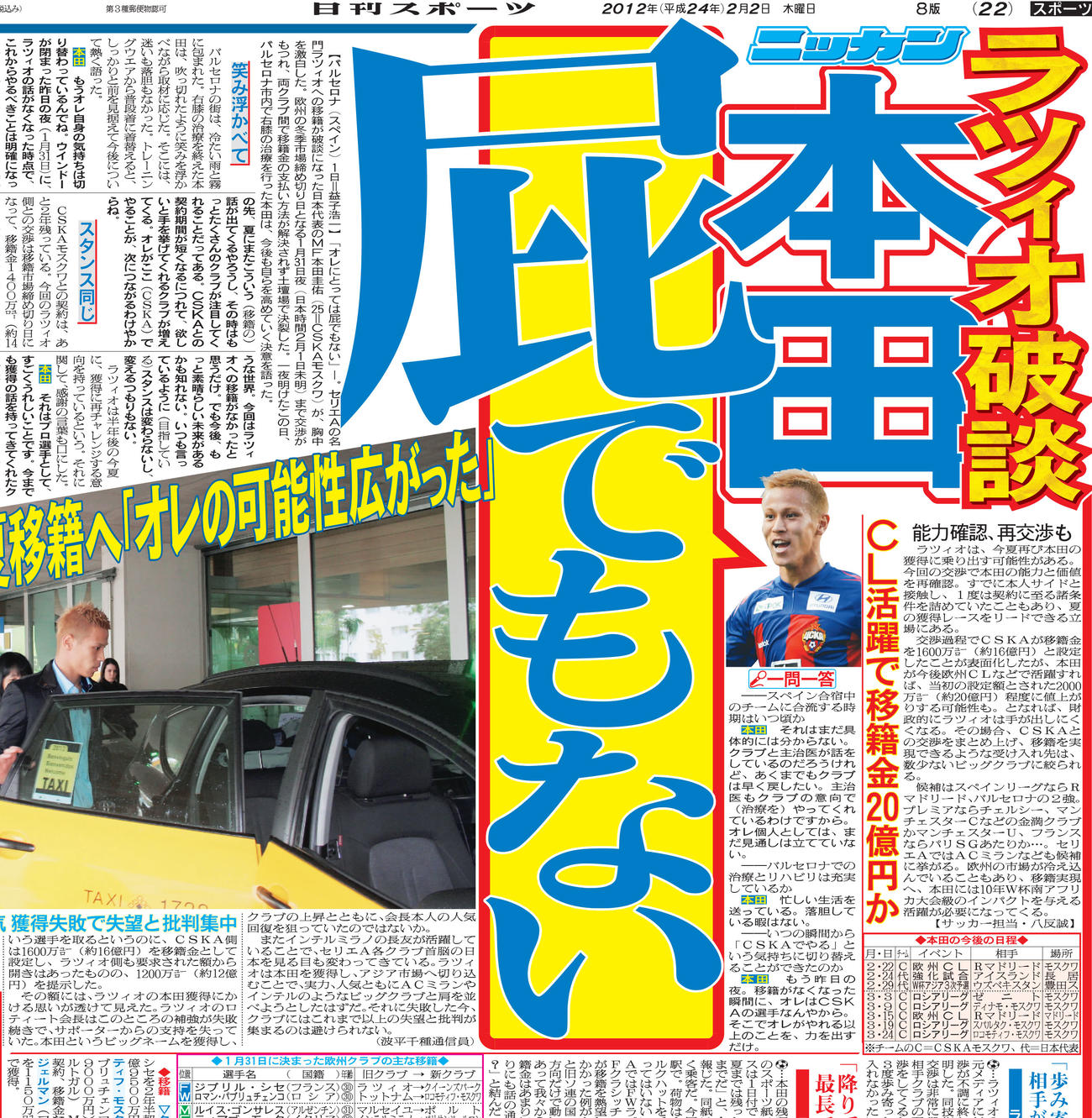 2012年2月2日　本田圭佑の移籍破断を報じる日刊スポーツ紙面