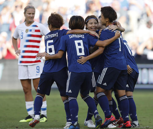 前半２０分、田中のゴールを喜ぶ日本の選手たち（ＡＰ）