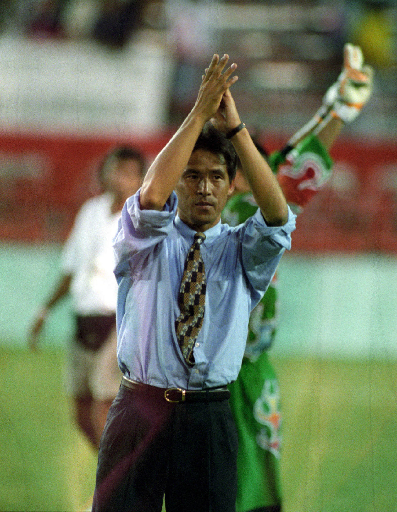 96年7月21日、アトランタ五輪男子予選リーグD組　日本対ブラジル　ブラジルに勝利し喜ぶ西野監督
