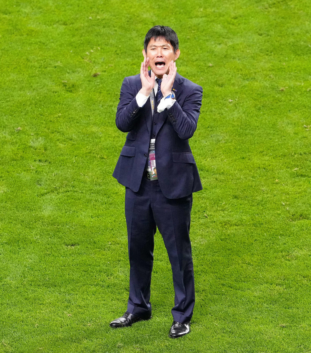 日本対オーストラリア　オーストラリアに勝利し、大声でサポーターに感謝の言葉を述べる森保監督（撮影・江口和貴）