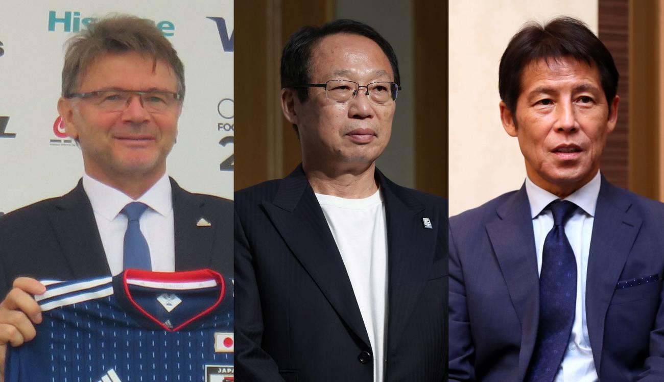 日本代表の歴代監督（左から）トルシエ氏、岡田氏、西野氏