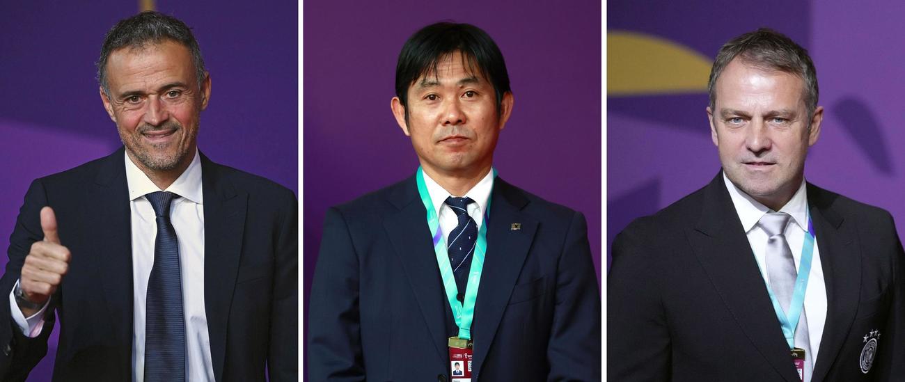（左から）スペインのルイスエンリケ監督（ゲッティ＝共同）、森保監督（共同）、ドイツのフリック監督（AP＝共同）