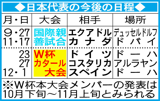 日本代表の今後の日程