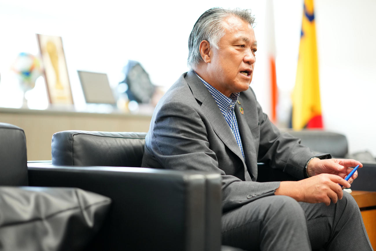 日本代表について語る田嶋幸三会長（撮影・横山健太）