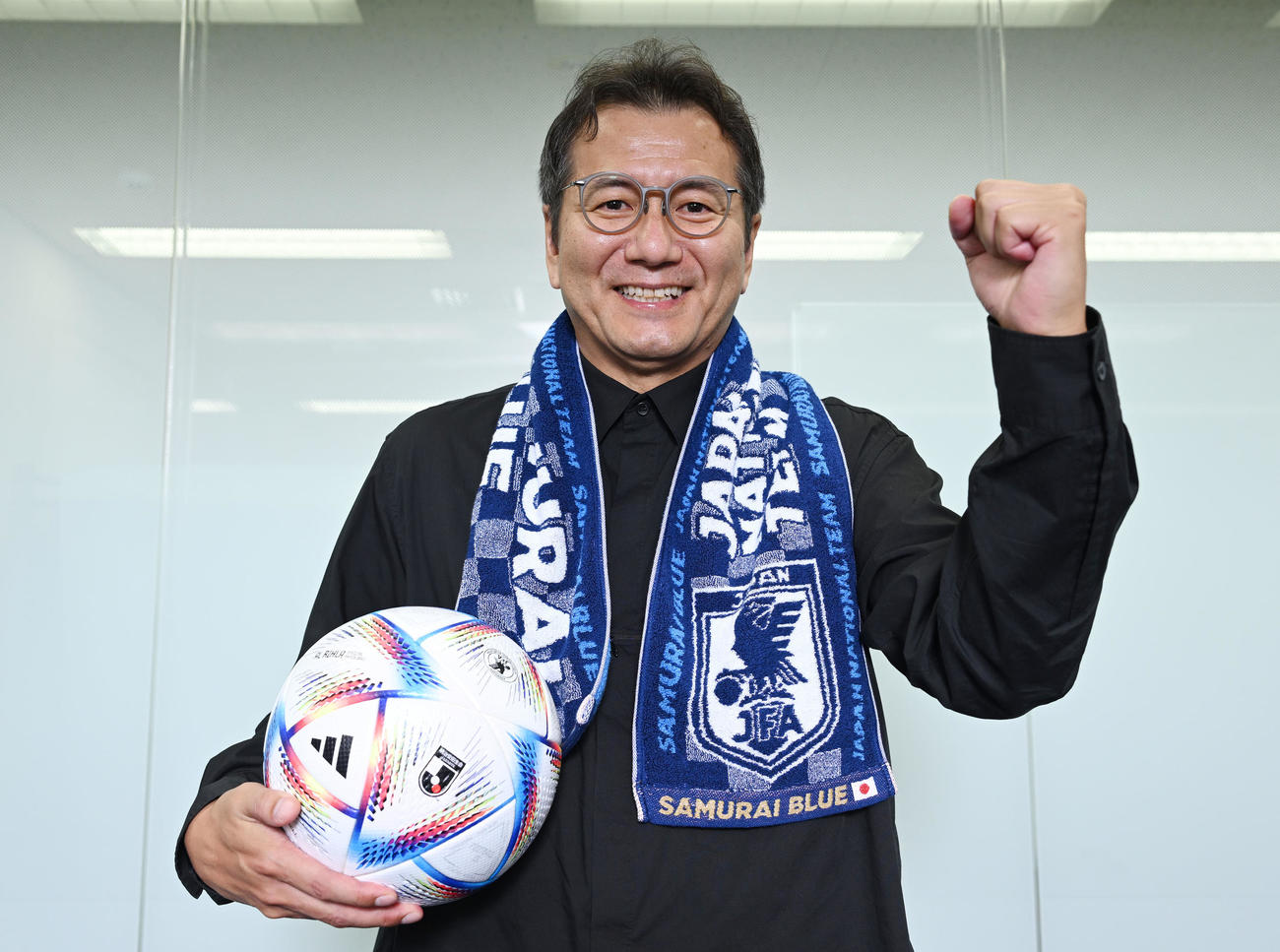 W杯での日本代表の活躍を願うJリーグの野々村チェアマン（撮影・滝沢徹郎）