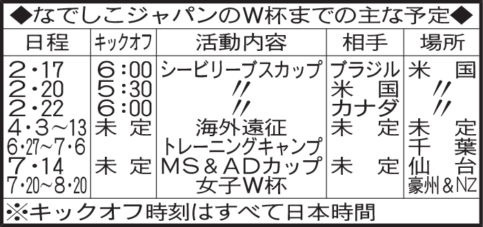 なでしこジャパンのＷ杯までの主な予定