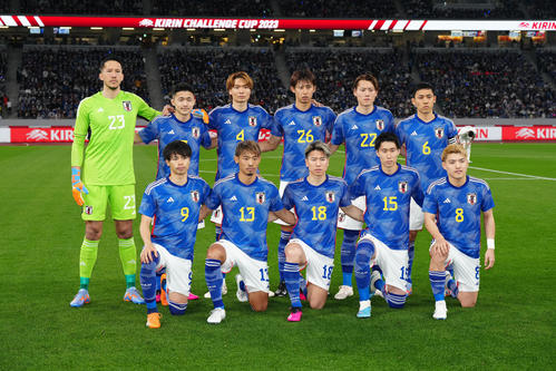 日本対ウルグアイ　試合前、集合写真に納まる日本代表の選手たち（撮影・江口和貴）