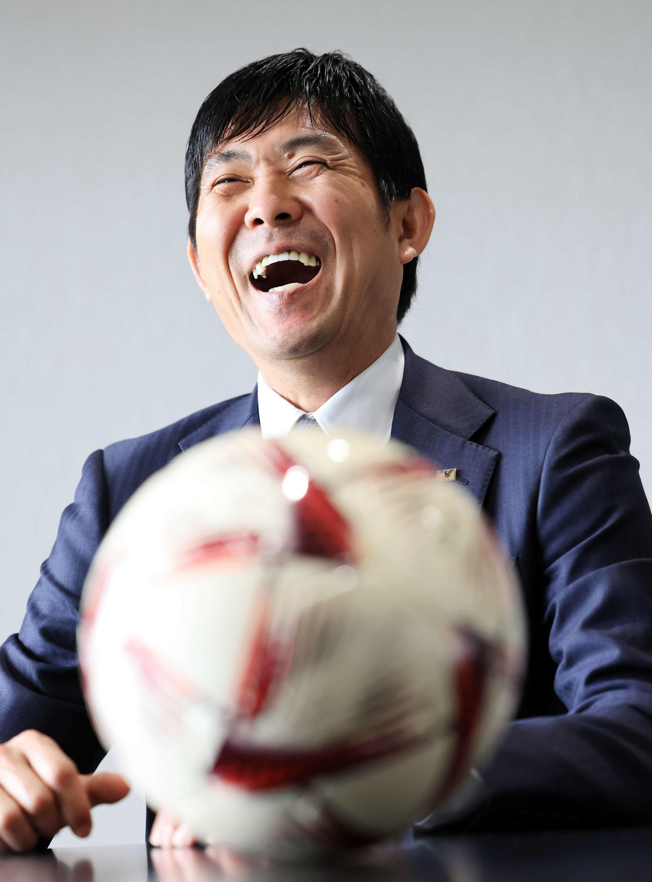 笑顔で思いを語る森保監督（撮影・浅見桂子）