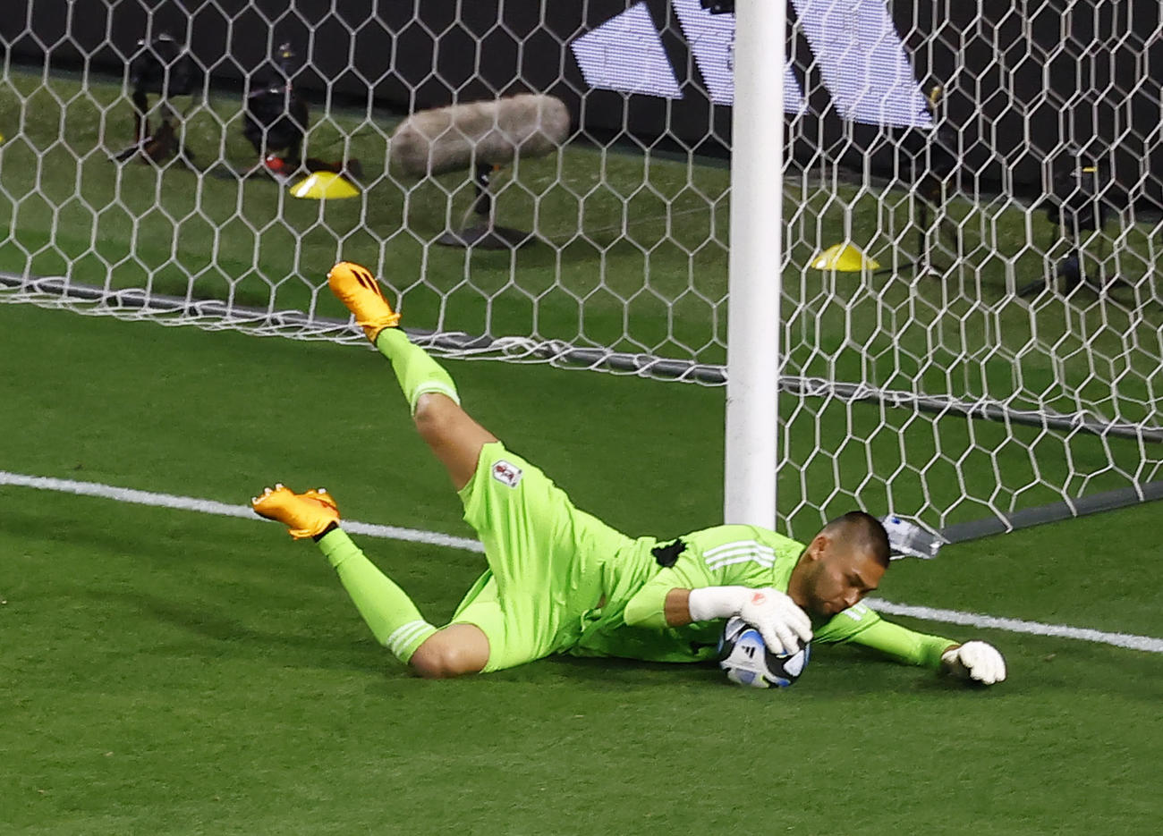 日本対ペルー　後半、セーブするGK中村航（撮影・藤尾明華）