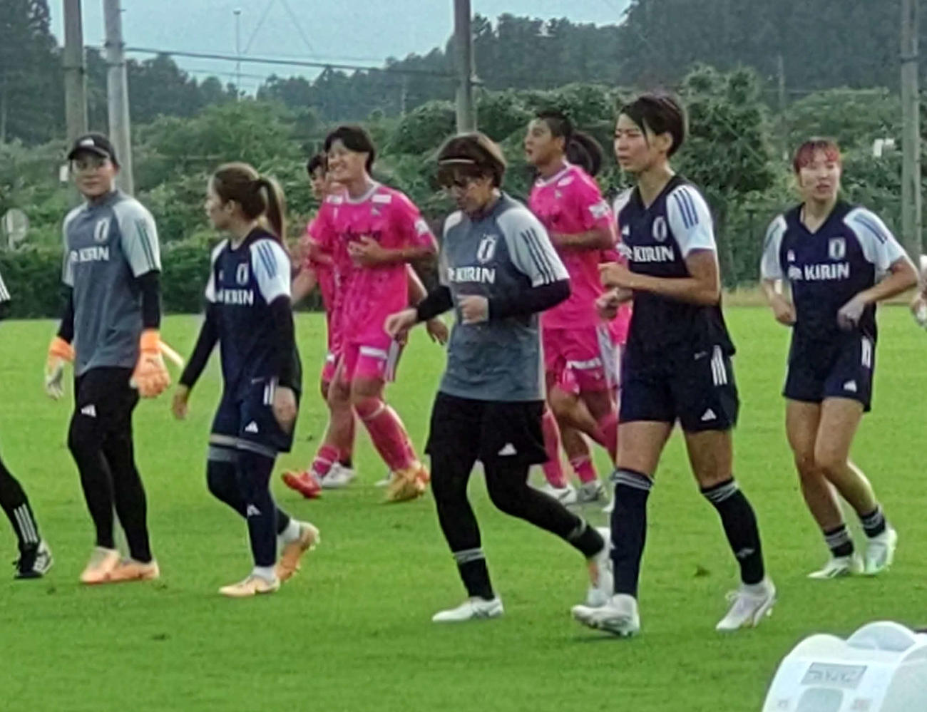 仙台大（ピンクのユニホーム）の学生と合同練習を行ったなでしこジャパンの（左から）山下、清水、田中桃、熊谷、遠藤