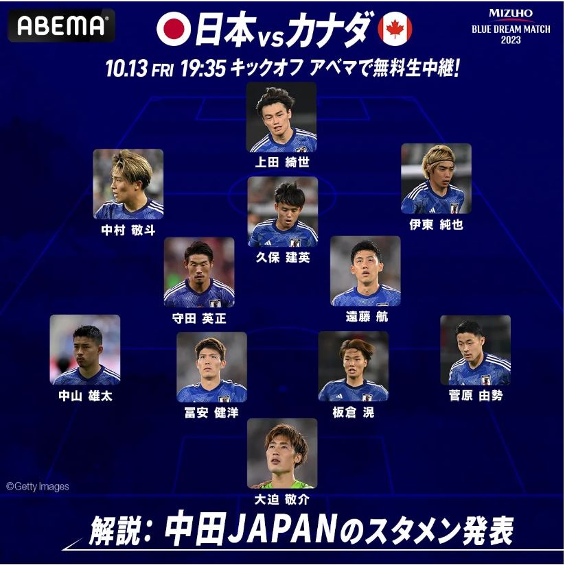 ABEMAが10月13日に日本－カナダ戦を生中継。「中田ジャパン」（C）AbemaTV,Inc.