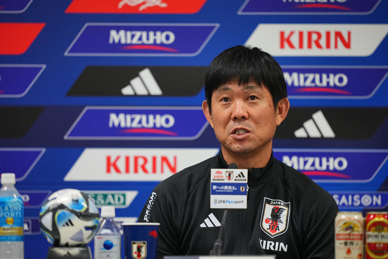前日会見に臨む日本代表森保監督（撮影・垰建太）