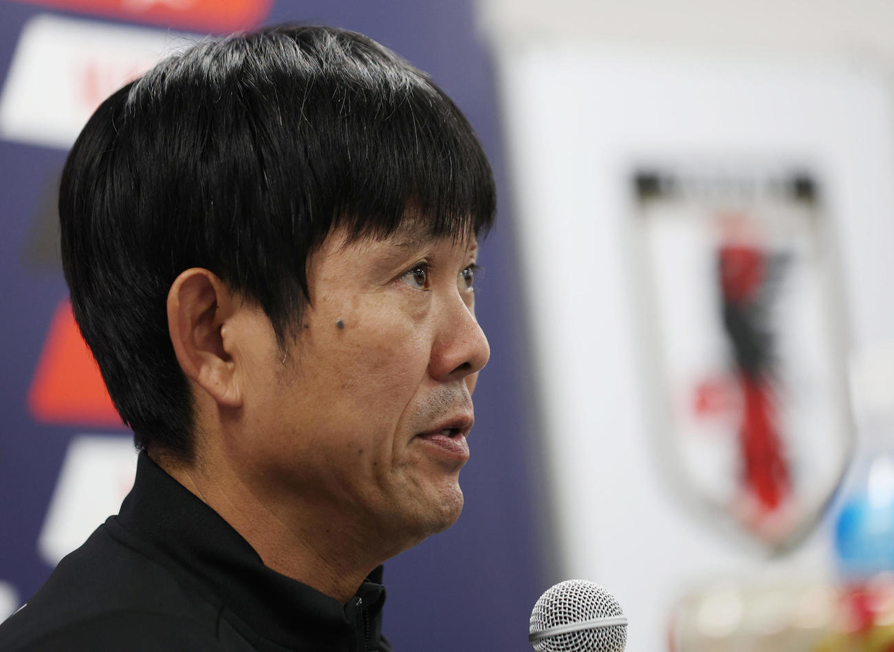 チュニジア戦の前日会見に臨む森保監督（撮影・前田充）