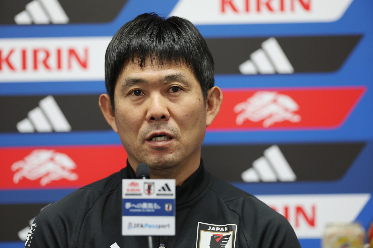 ミャンマー戦の前日会見に臨む森保監督（撮影・前田充）