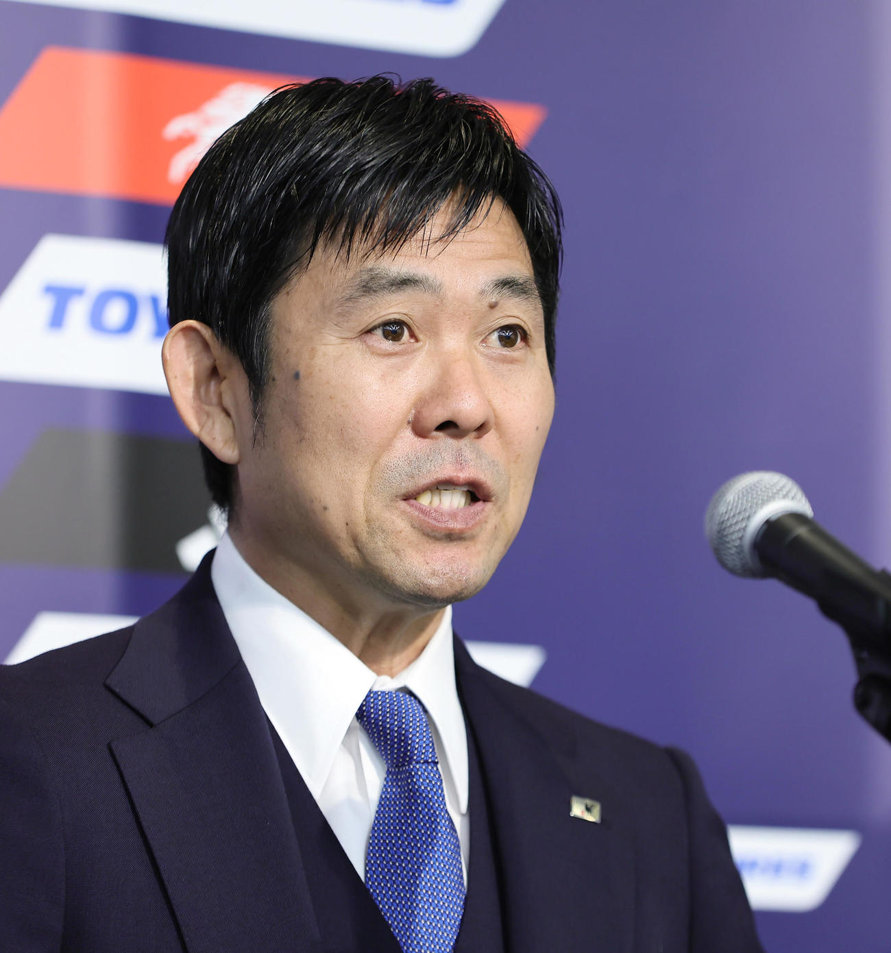 「TOYO TIRES CUP 2024」に臨む日本代表メンバー発表会見に臨む森保監督（撮影・足立雅史）