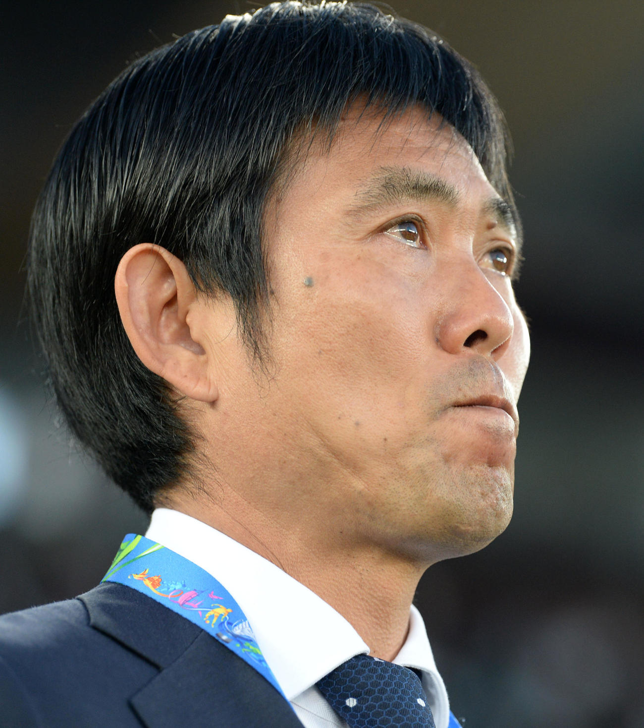 試合前、涙をこらえる森保一監督（2019年2月1日撮影）