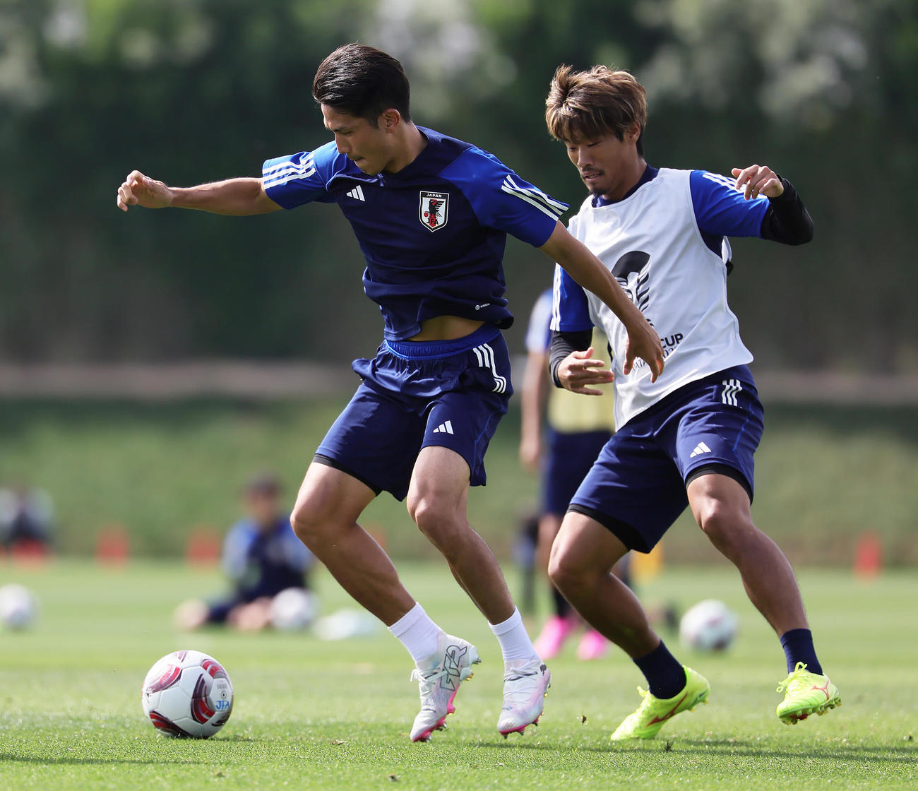 練習で競り合う渡辺（左）と守田（撮影・足立雅史）