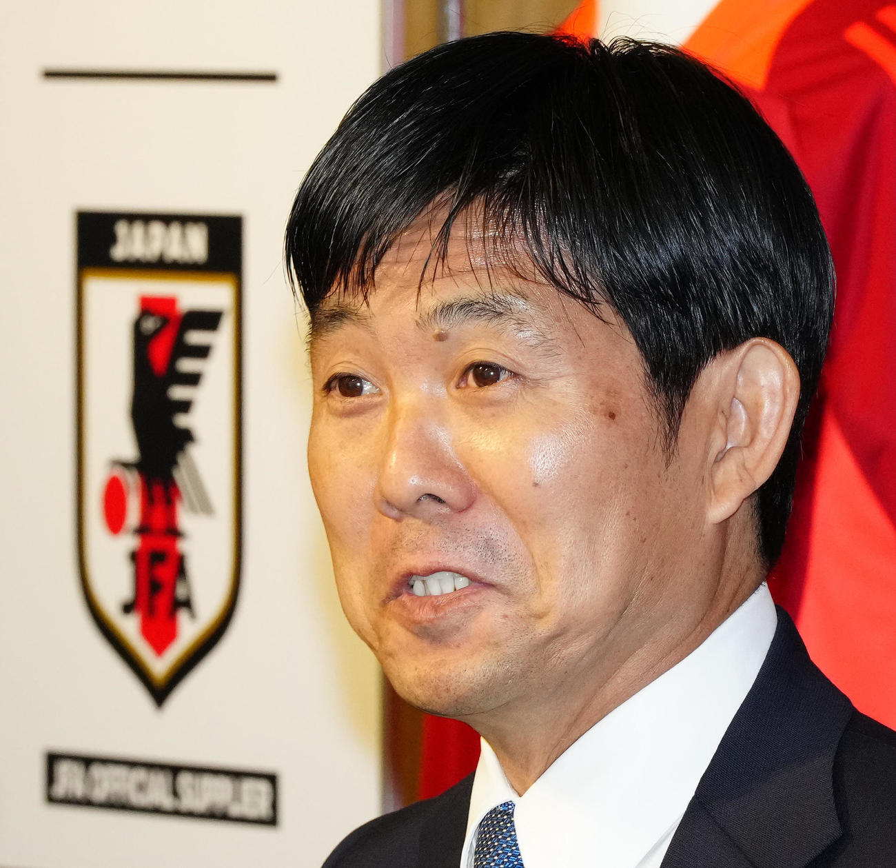 サッカー日本代表メンバー発表記者会見に臨む森保監督（撮影・江口和貴）