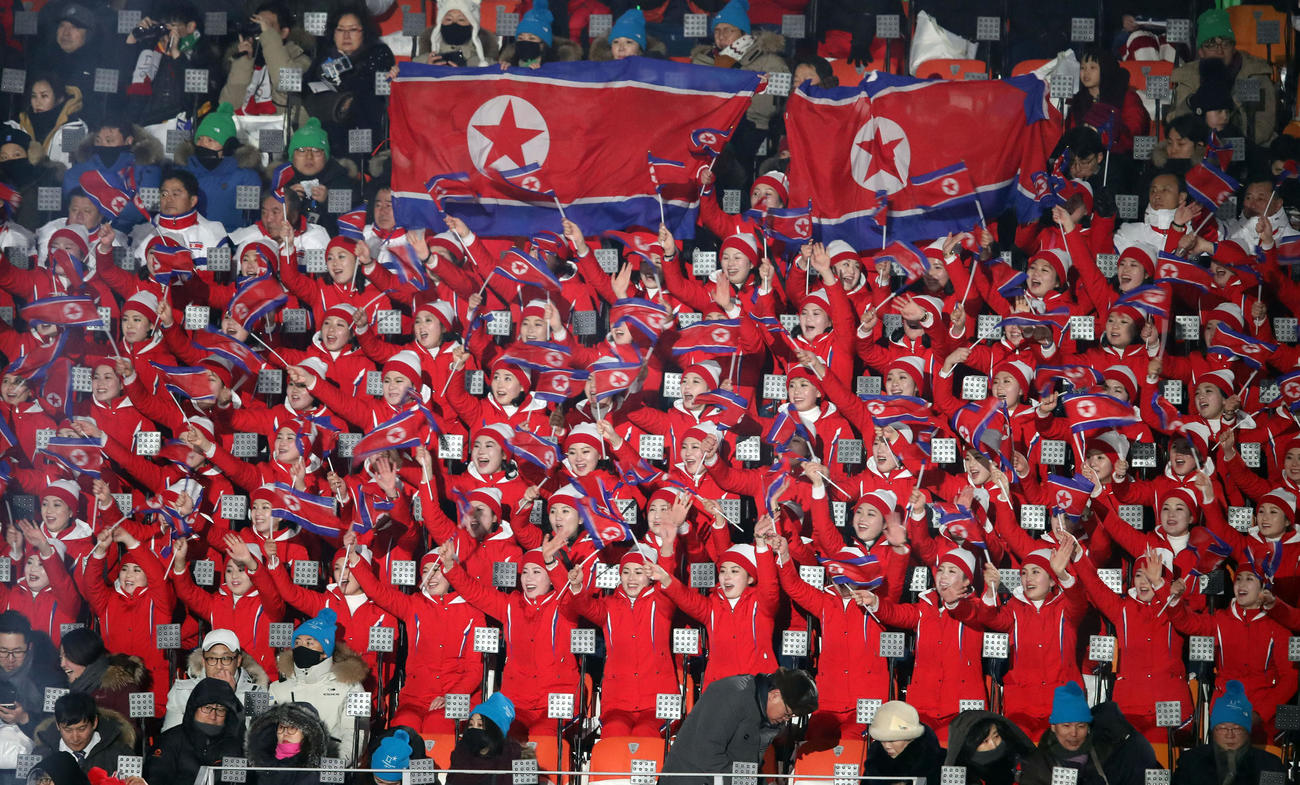 平昌五輪の開会式会場のスタンドで北朝鮮国旗を掲げる応援団（2018年2月9日撮影）
