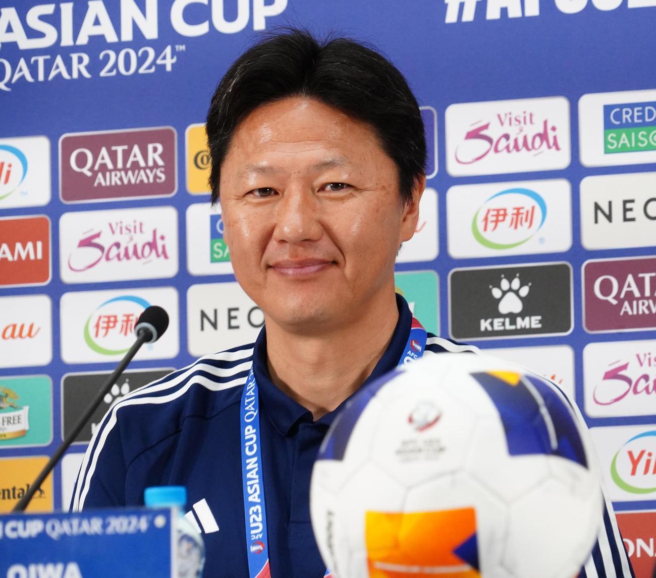 U－23アジア杯カタール大会準々決勝カタール戦に向けた前日会見に出席したU－23日本代表大岩剛監督（撮影・佐藤成）