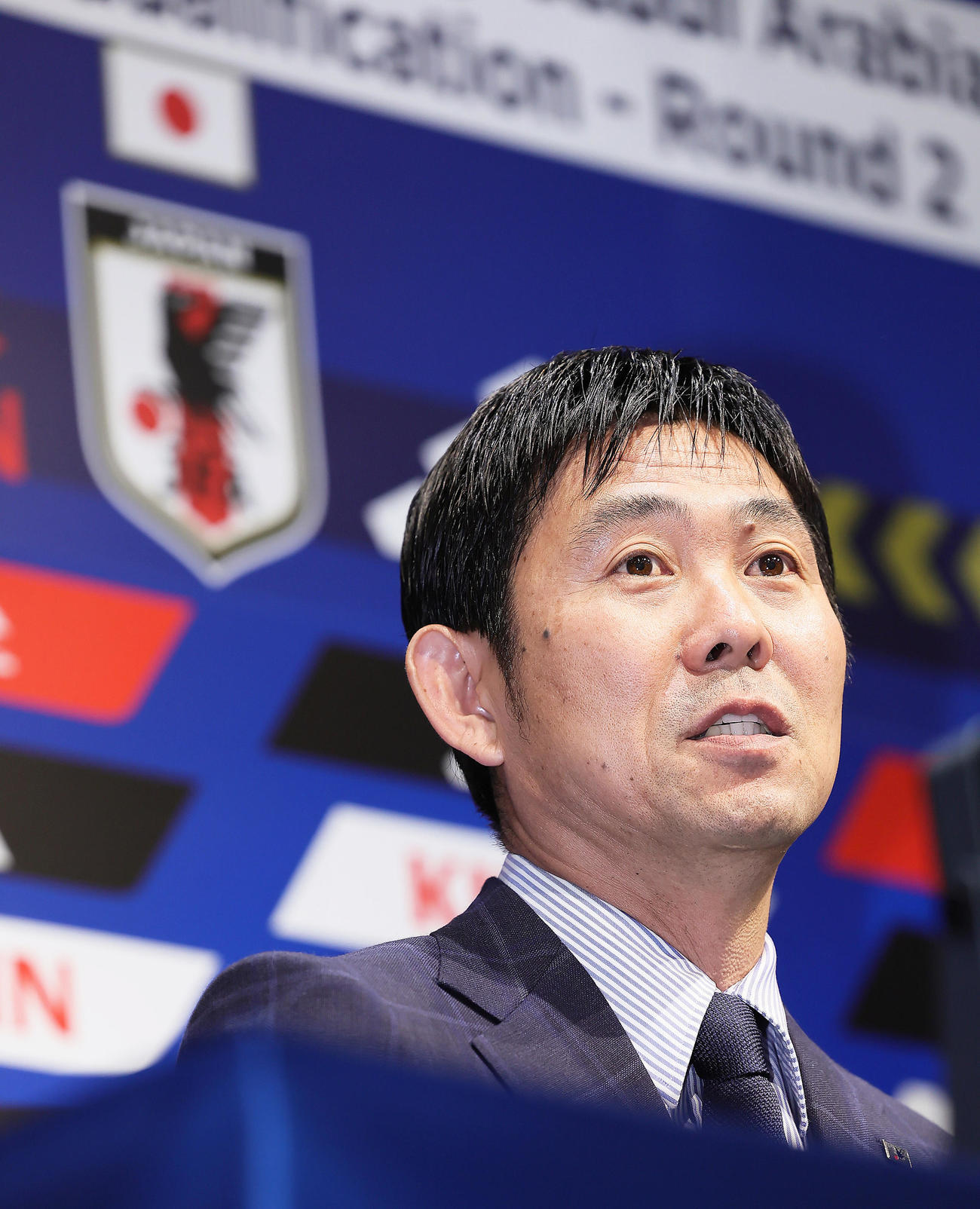 日本代表メンバー発表会見に臨む森保監督（撮影・足立雅史）