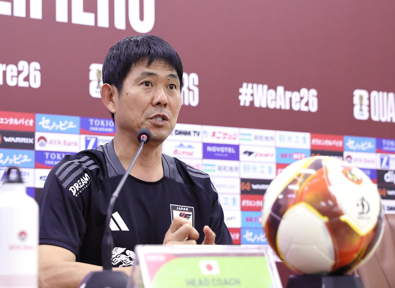 ミャンマー戦前日の公式会見に臨む森保監督（撮影・足立雅史）