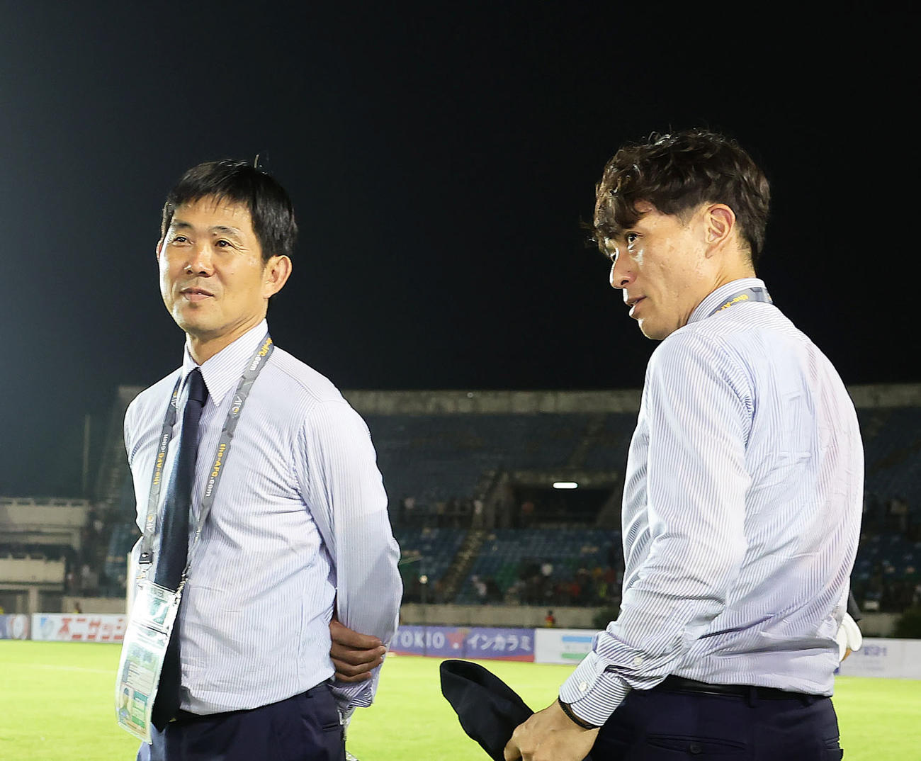 談笑する森保監督（左）と宮本会長（2024年6月撮影）