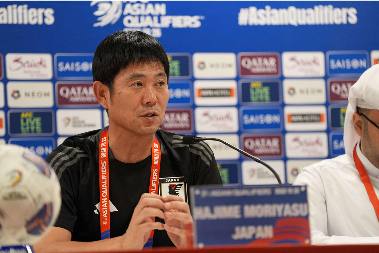 バーレーン戦の前日会見に臨む日本代表森保監督（撮影・パオロ　ヌッチ）