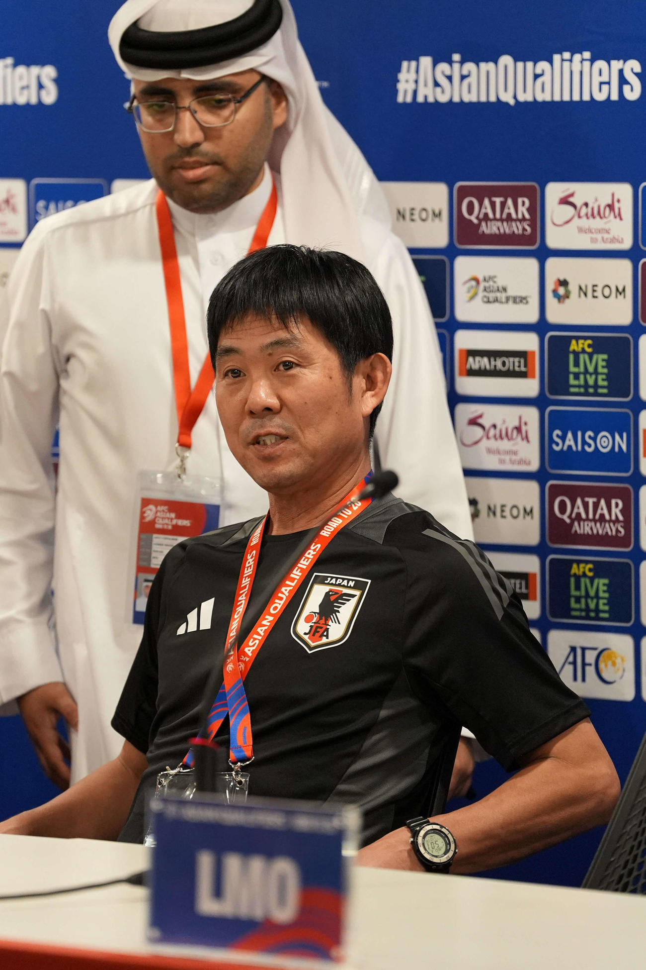 バーレーン戦の前日会見に臨む日本代表森保監督（撮影・パオロ　ヌッチ）