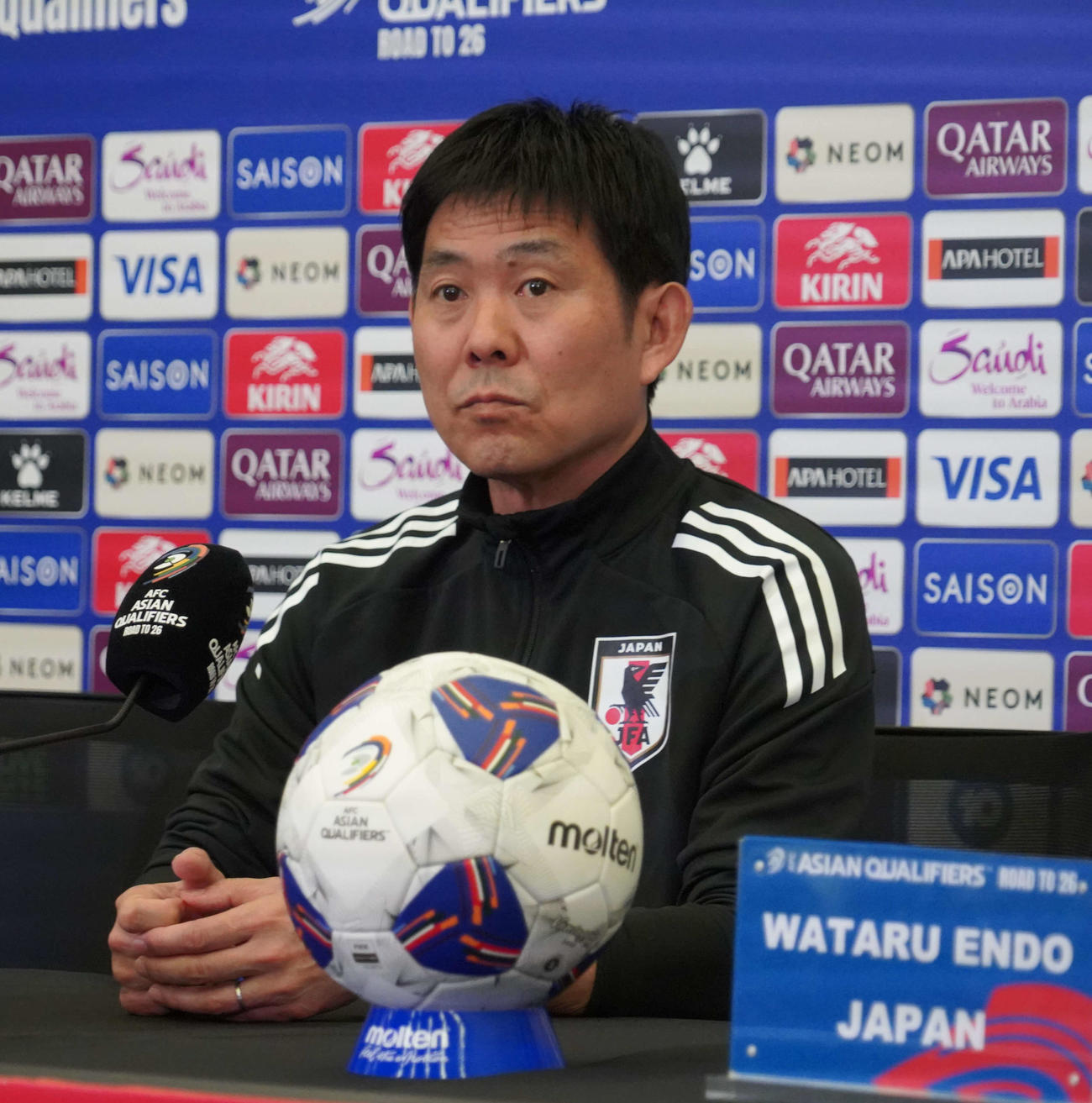 26年ワールドカップ（W杯）北中米大会アジア最終予選オーストラリア戦の前日会見に出席した日本代表森保監督（撮影・佐藤成）