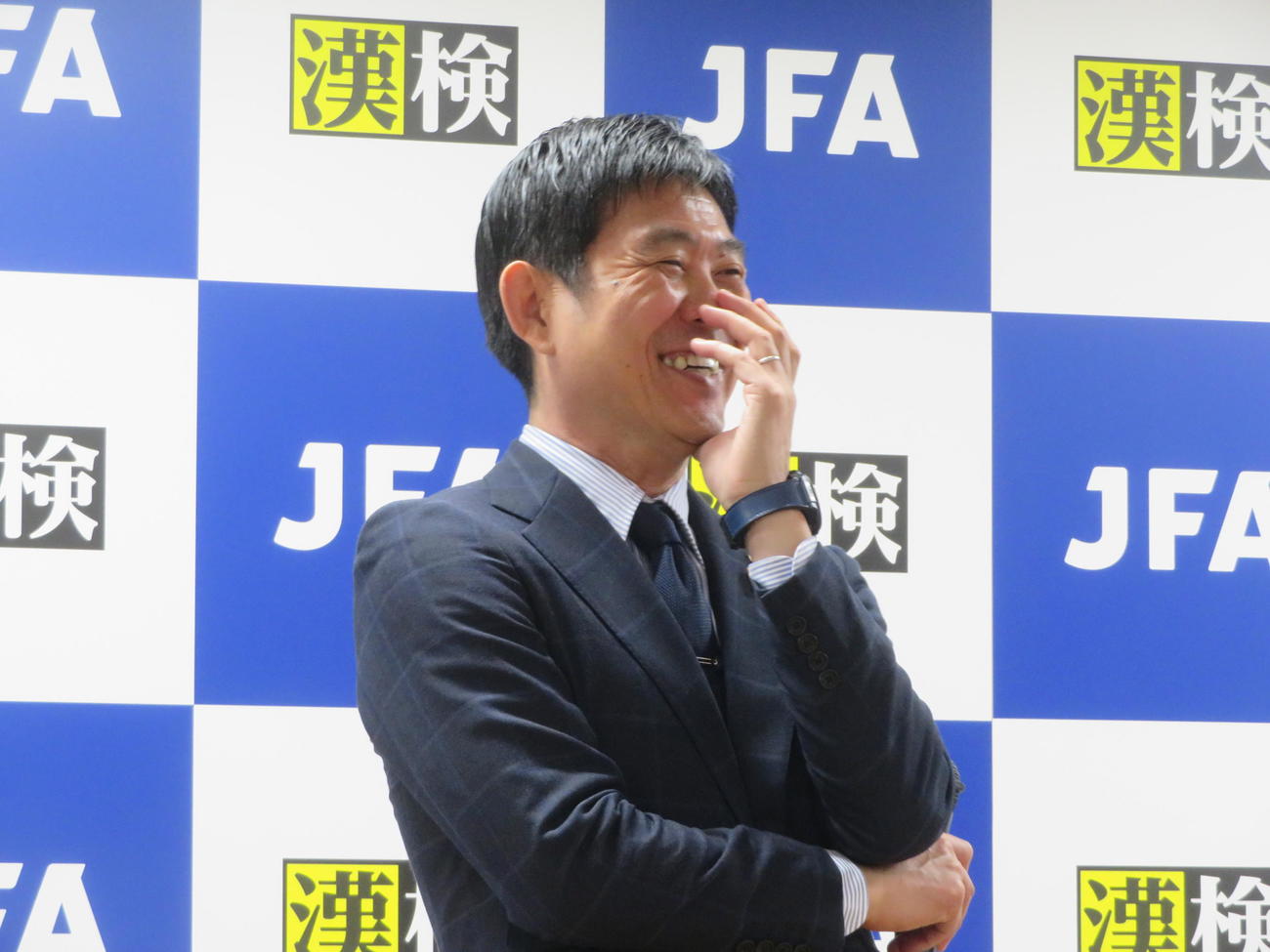 漢字ミュージアムで行われた日本サッカー協会（JFA）と日本漢字能力検定協会による「全力蹴球プロジェクト」発表会に出席した日本代表森保一監督（撮影・佐藤成）