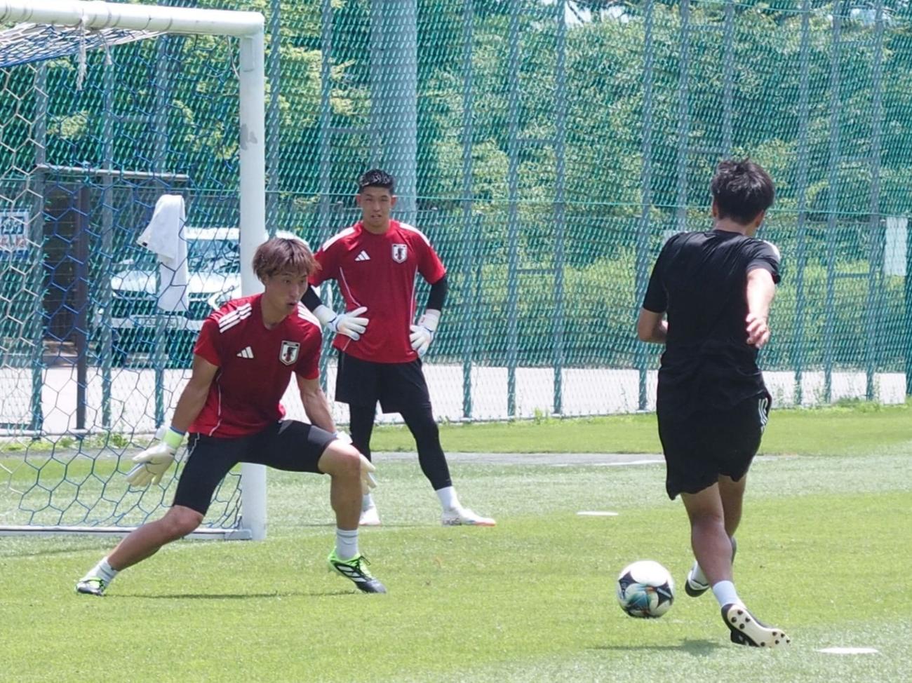 練習で前田コーチのシュートを止める日本代表GK大迫（撮影・永田淳）
