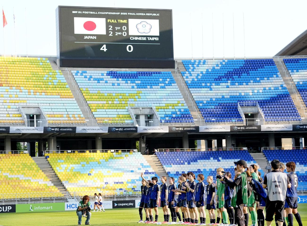 台湾に快勝し、サポーターの声援に応える女子日本代表（共同）