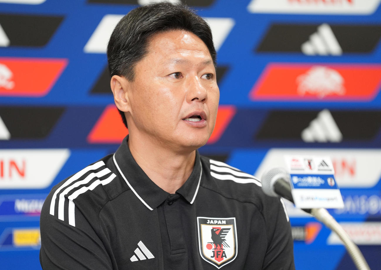 AFC U－23アジアカップ　サウジアラビア大会予選のメンバー発表会見に臨むU－22日本代表の大岩監督（撮影・鈴木みどり）