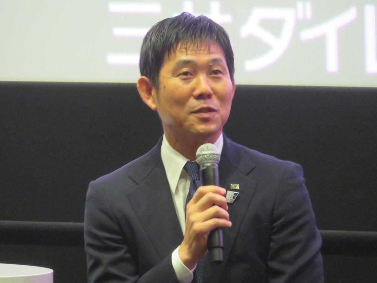 MS＆ADカップ2025、女子日本代表なでしこジャパン対カナダ代表戦の開催直前トークイベントを行った日本代表の森保一監督（撮影・佐藤成）
