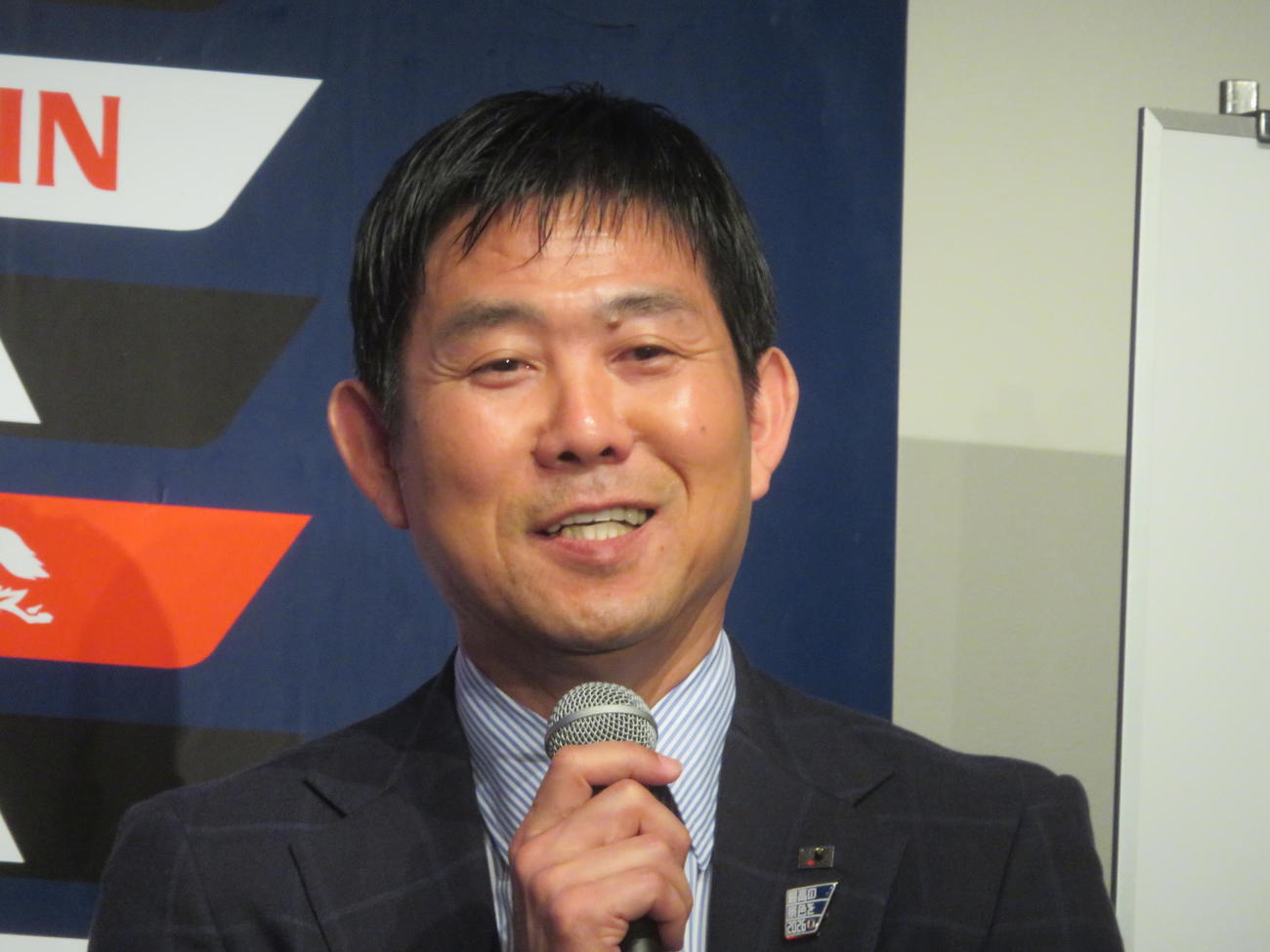 日本サッカー協会の26年の年間スケジュール発表会見に出席した日本代表の森保監督（撮影・佐藤成）