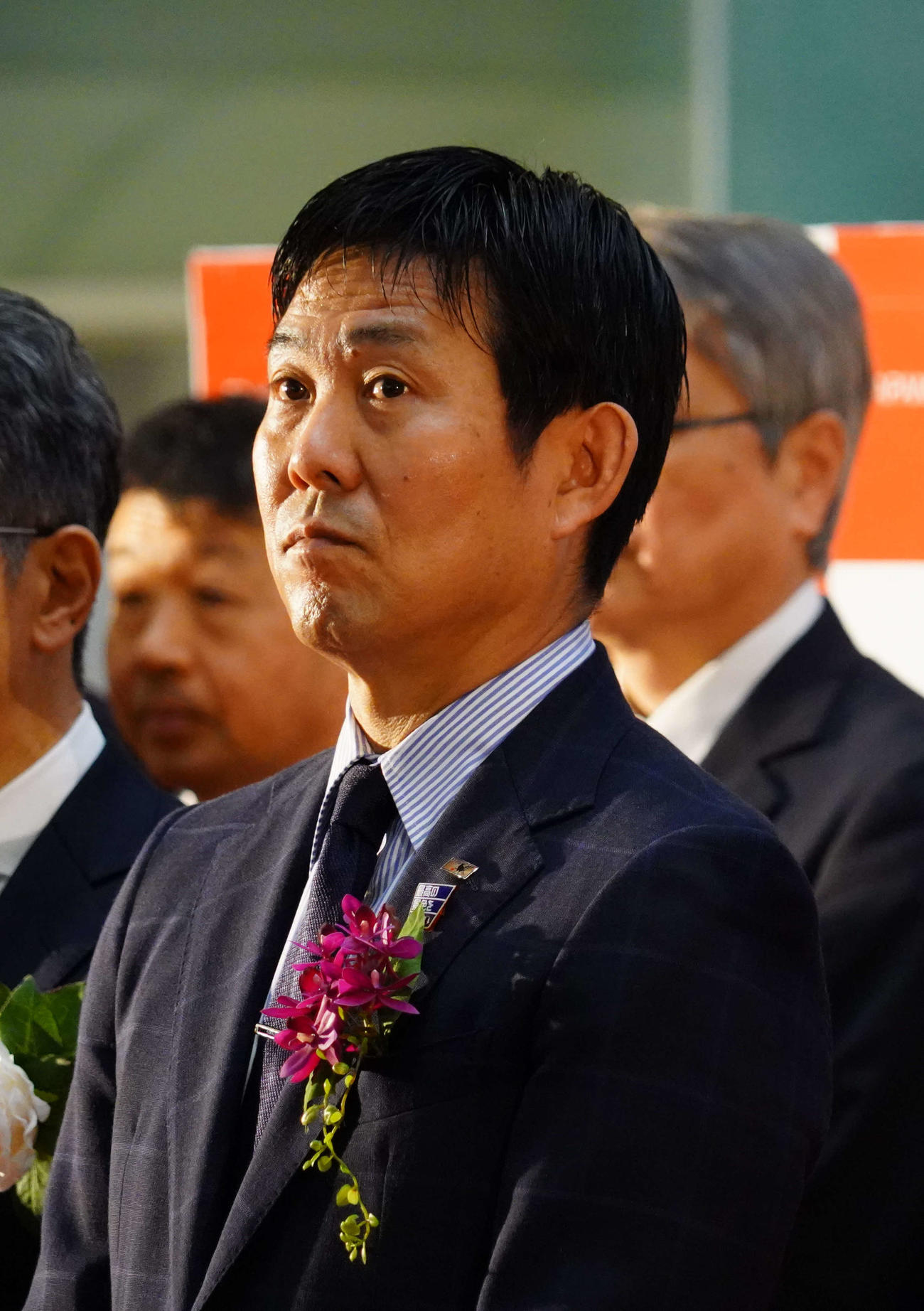 日本取引所グループ（JPX）の大納会にゲスト出演した日本代表森保一監督（撮影・佐藤成）