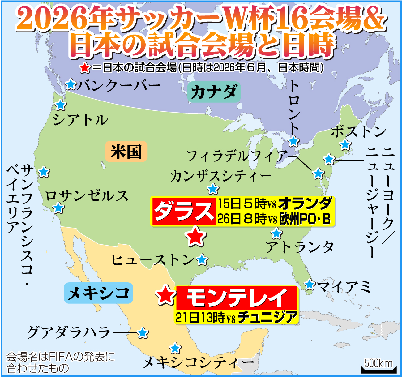 【イラスト】2026サッカーW杯16会場＆日本の試合会場と日時