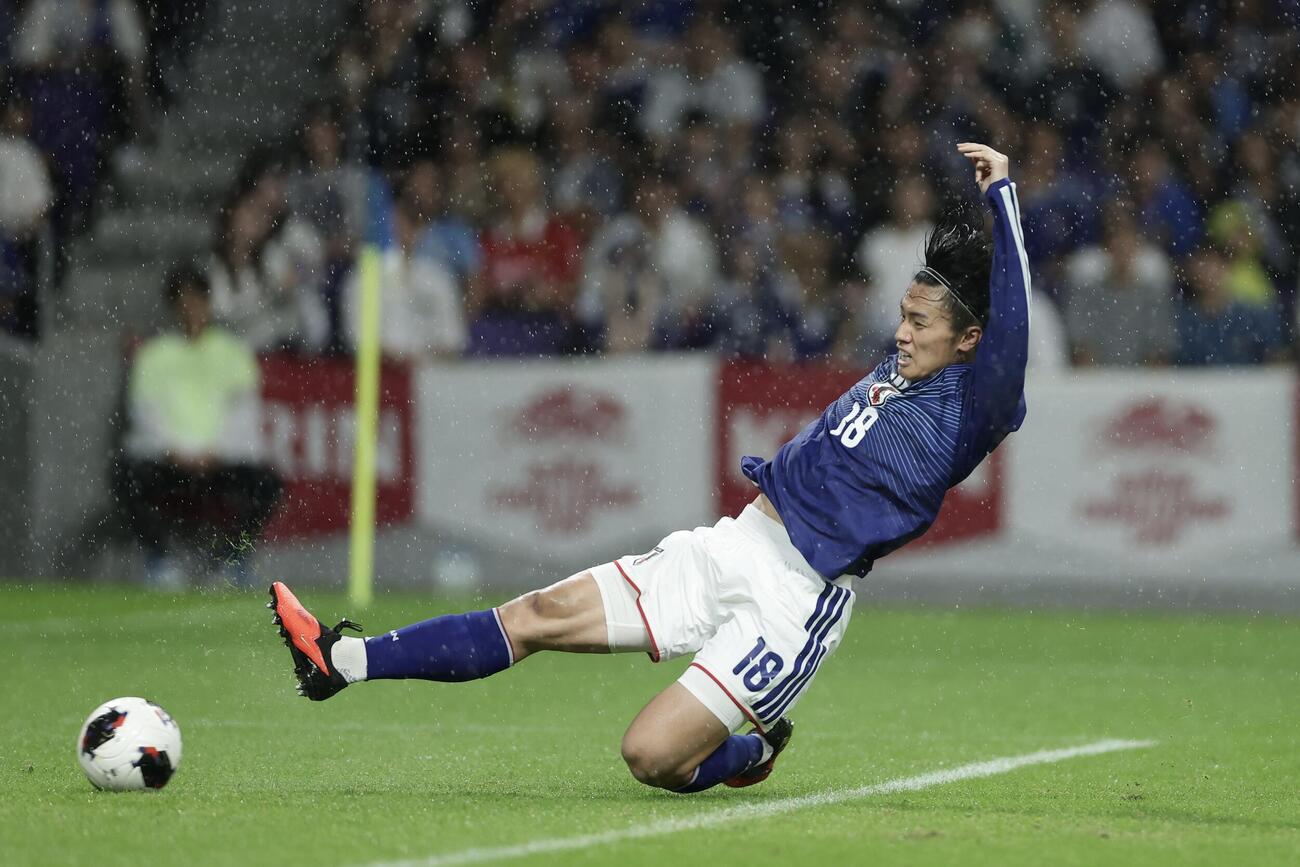 日本対ベネズエラ　後半、同点ゴールを決める上田綺世（撮影・前田充）