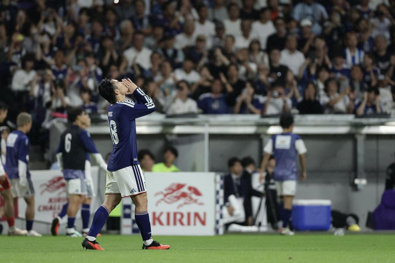 日本対ベネズエラ　後半、自身2点目となるPKを決め喜ぶ上田綺世（撮影・前田充）
