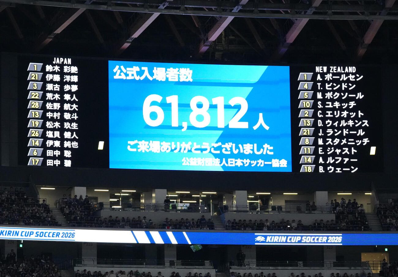 日本対ニュージーランド　後半、公式入場者数が発表される（撮影・江口和貴）