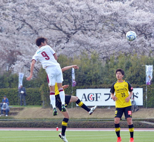 柏U－18対尚志　後半、ヘディングで2点目を決めた尚志FW染野（撮影・鎌田直秀）