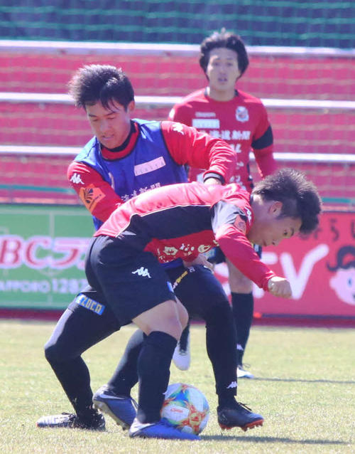 実戦練習で激しく競り合う札幌MF高嶺（左）（撮影・西塚祐司）