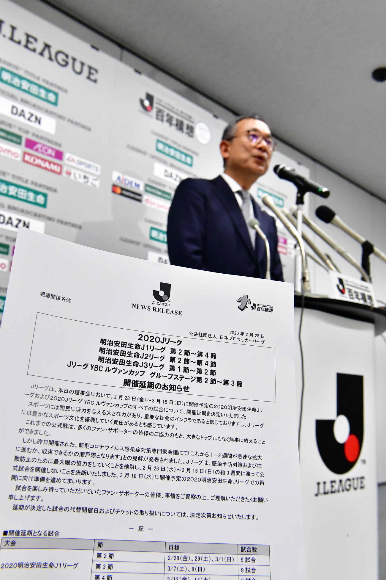 新型コロナウイルスの影響によりルヴァン杯第2節の7試合の延期と3月15日までの全ての公式戦開催を延期すると発表したJリーグの村井満チェアマン（撮影・小沢裕）